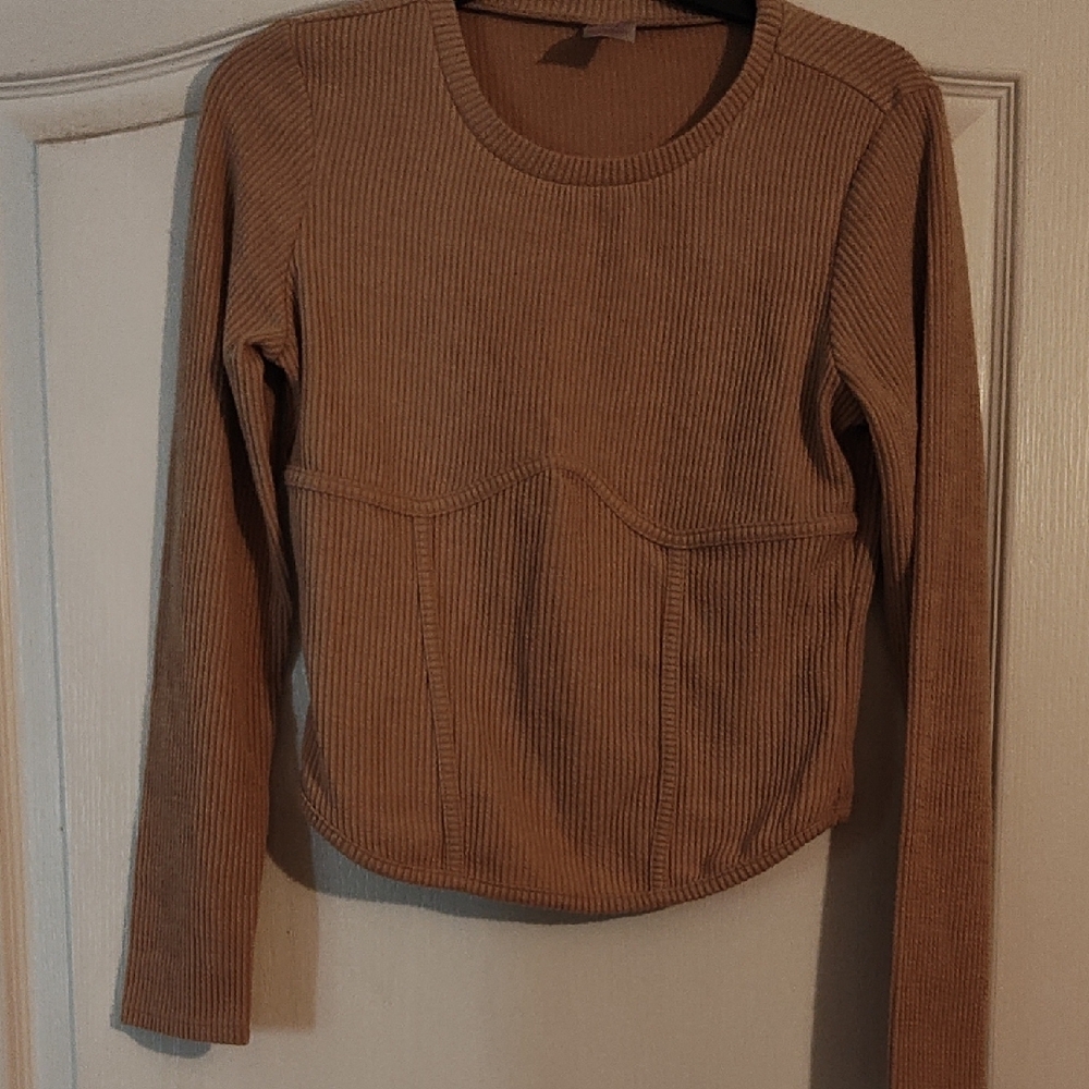 Women's Tan Ribbed Long Sleeve Top